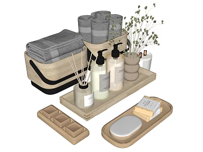 Natural Bathroom Daily Essentials With Wooden Trays Towels Soap Hand Wash And Aromatherapy Herbs 3d model