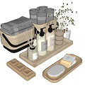 Natural Bathroom Daily Essentials With Wooden Trays Towels Soap Hand Wash And Aromatherapy Herbs