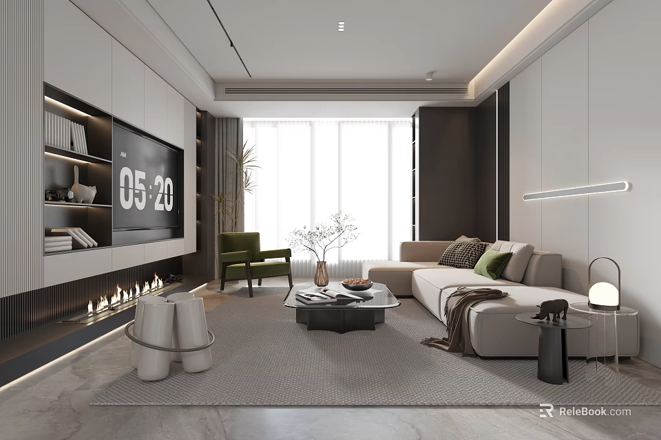 Modern Living Room Interior With L shaped Sofa Green Accent Chair Fireplace And Large Windows 3d model 