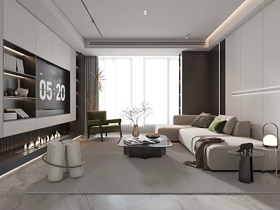 Modern Living Room Interior With L shaped Sofa Green Accent Chair Fireplace And Large Windows 3d model