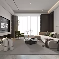 Modern Living Room Interior With L shaped Sofa Green Accent Chair Fireplace And Large Windows