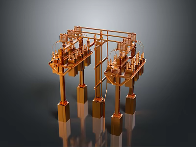 Copper Industrial Metal Framework With Multiple Pillars And Mechanical Components 3D Model 3d model
