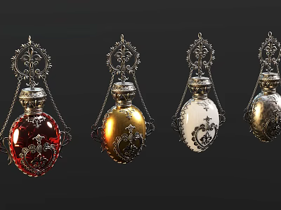 Ornate Jewelry Pendants In Red Gold White Silver With Intricate Chain Designs 3d model