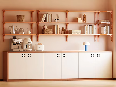 Warm Sideboard With White Doors Wooden Frame Open Shelves Holding Books Baskets Coffee Machine Decorations 3d model