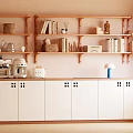 Warm Sideboard With White Doors Wooden Frame Open Shelves Holding Books Baskets Coffee Machine Decorations