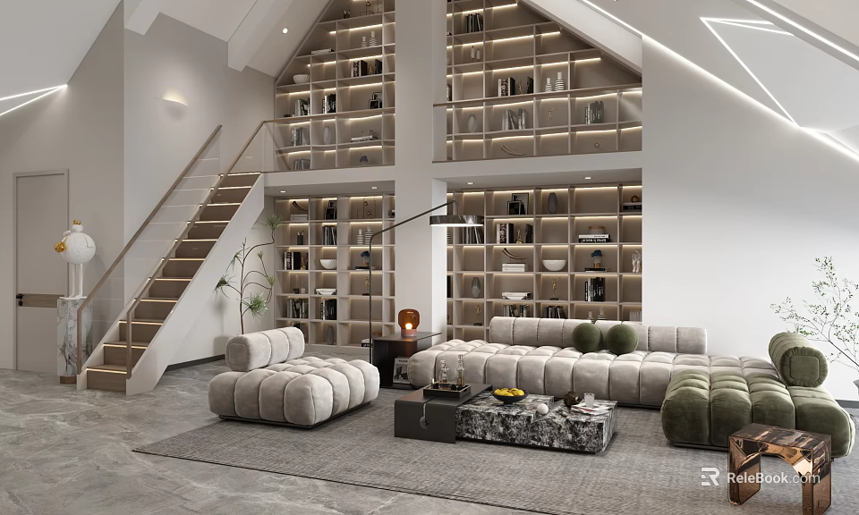 Modern Living Room With Tall Bookshelves And Cozy Sofas 3d model 