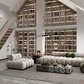 Modern Living Room With Tall Bookshelves And Cozy Sofas