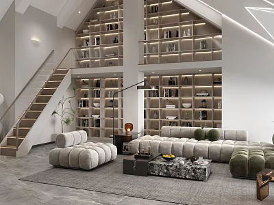 Modern Living Room With Tall Bookshelves And Cozy Sofas 3d model