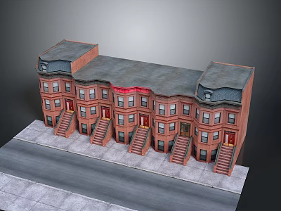 Terraced Brick Townhouse Row With Gray Roofs Front Steps and Multiple Units 3d model