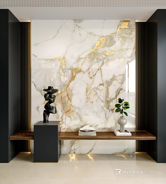 Elegant Marble Background Wall with Golden Veins Black Sculpture Green Plant and Wooden Shelf 3d model 