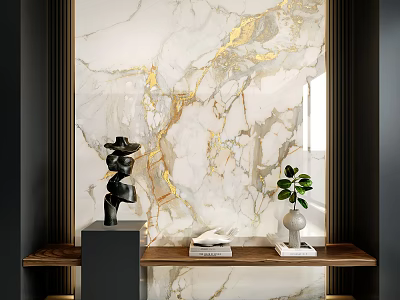 Elegant Marble Background Wall with Golden Veins Black Sculpture Green Plant and Wooden Shelf 3d model