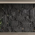 Black Stone Wall Interior With Vertical Small Lights And Green Plant 3d model