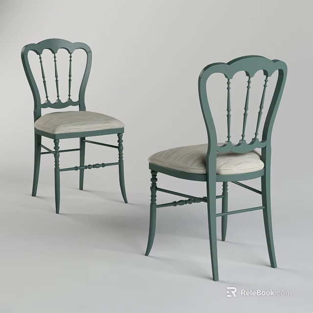 Elegant Green Dining Chairs With Carved Backrests And Light Colored Seat Cushions 3d model 