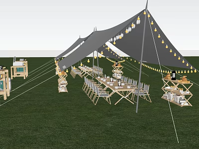 Outdoor Event Tent Setup With Grass Field Long Tables Chairs And String Lights 3d model