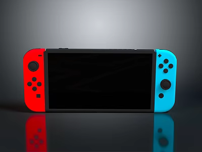 Portable Game Console With Red And Blue Controllers Black Screen On Reflective Surface 3d model
