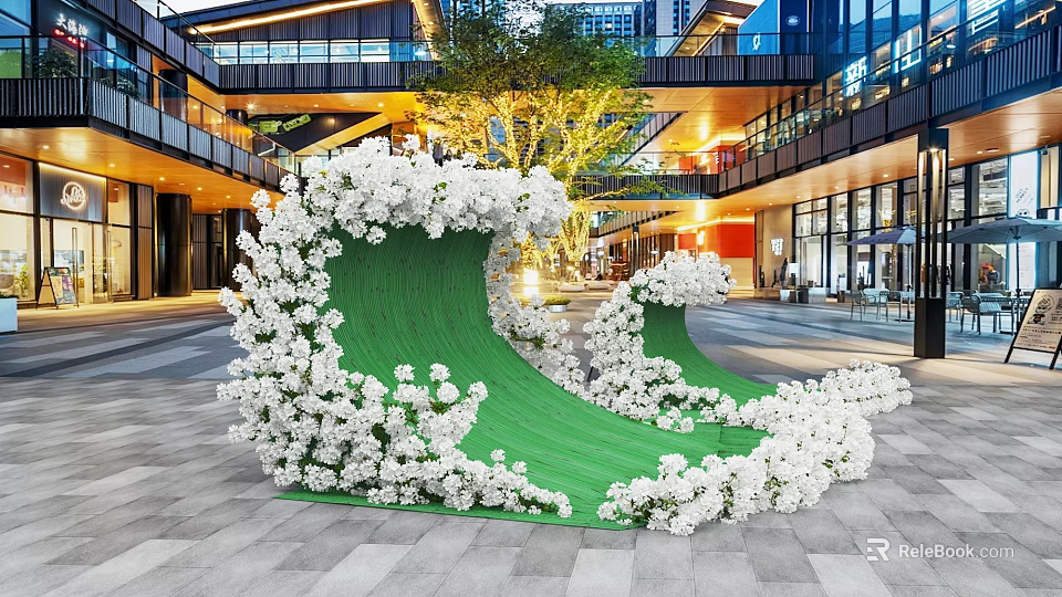 Outdoor Photo Spot With Green Wave Shaped Structure White Flowers And Modern Buildings 3d model 