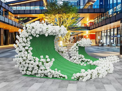 Outdoor Photo Spot With Green Wave Shaped Structure White Flowers And Modern Buildings 3d model