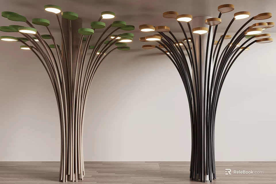 Modern Decorative Pillars With Multiple Lighted Branches In Green And Black Colors 3d model 