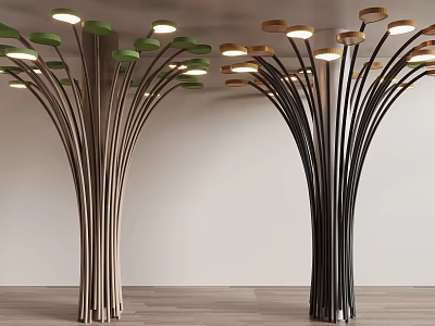 Modern Decorative Pillars With Multiple Lighted Branches In Green And Black Colors 3d model