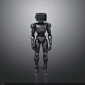 Metallic Humanoid Robot With Blue Light Eye Standing On Dark Reflective Surface