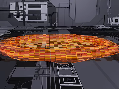 Floating Orange Cubes Irregular Shape Decorative Art With Gray Urban Background And Geometric Lines 3d model