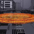 Floating Orange Cubes Irregular Shape Decorative Art With Gray Urban Background And Geometric Lines