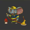 Game Movie Character Elephant Firefighter With Blue And Yellow Uniform Fire Helmet Hose And Hydrant