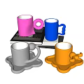 Colorful Creative Mugs With Purple Blue Silver Yellow Tones And Unique Coasters On White Table