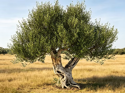 Ancient Olive Tree With Thick Twisted Trunk And Lush Green Canopy In Open Grassland 3d model