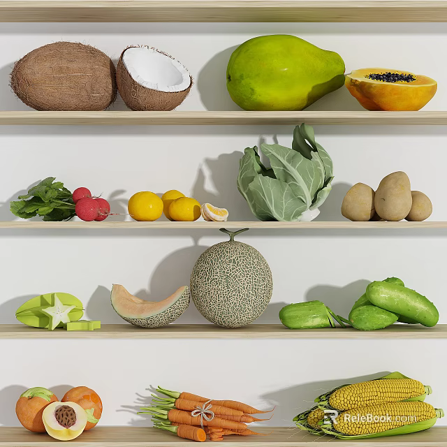 Fresh Assorted Fruits Display On Wooden Shelves With Coconut Papaya Lemon And Cantaloupe 3d model 