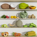 Fresh Assorted Fruits Display On Wooden Shelves With Coconut Papaya Lemon And Cantaloupe