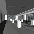 Modern Exhibition Hall Interior With Open Design White Pedestals And Large Windows