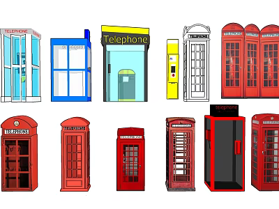 Vintage Public Telephone Booths With Diverse Colorful Designs And Classic Styles 3d model