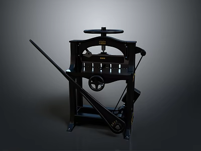 Vintage Black Manual Press Machine With Wheel And Long Handle Structure 3d model