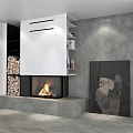 Lit Modern Fireplace With Stacked Wood Logs And Abstract Painting On Gray Walls