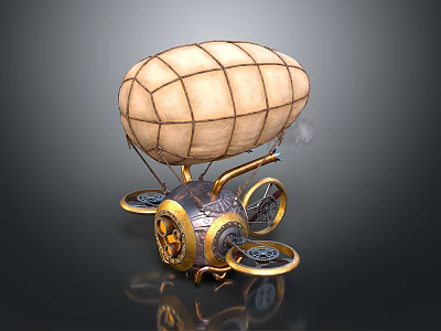 Vintage Steampunk Airship Model Featuring Cream Balloon Intricate Metal Structure and Decorative Gears Wheels 3d model