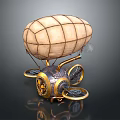 Vintage Steampunk Airship Model Featuring Cream Balloon Intricate Metal Structure and Decorative Gears Wheels
