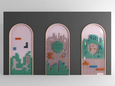 Modern Arched Wall Decor With Pixel Art Colorful Patterns Three Panel Set For Home Interior 3d model