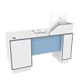 Modern White And Blue Office Desk With Computer Monitor CPU Tower Notebook Drawers And Cabinet