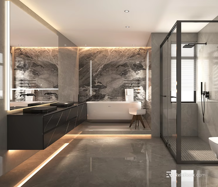 Luxury Modern Marble Bathroom Interior With Double Vanity Freestanding Tub And Glass Shower Area 3d model 