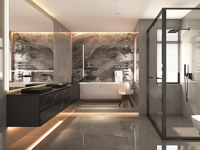 Luxury Modern Marble Bathroom Interior With Double Vanity Freestanding Tub And Glass Shower Area 3d model