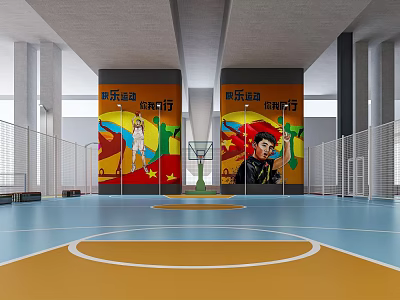 Indoor Basketball Court Interior With Vibrant Murals And Basketball Hoop 3d model