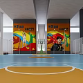 Indoor Basketball Court Interior With Vibrant Murals And Basketball Hoop