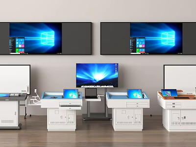 Teaching Demonstration Room With Multiple Large Screens And Operation Desks With Displays 3d model