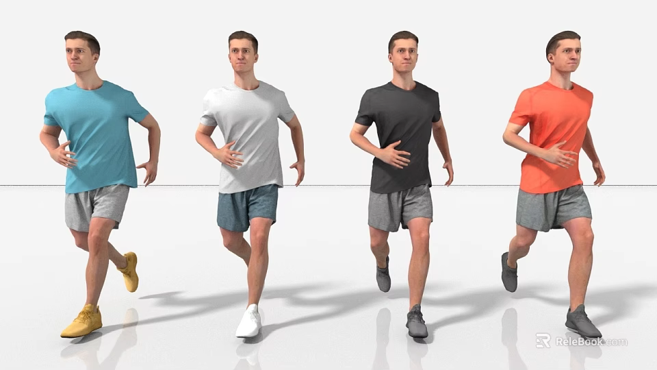 Men Running in Different Colored T-Shirts Gray Shorts and Various Colored Shoes 3d model 