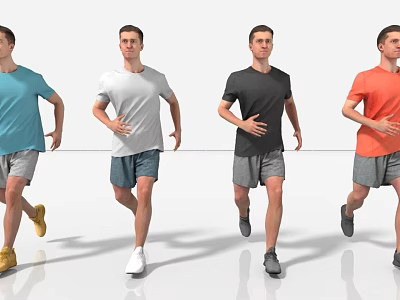 Men Running in Different Colored T-Shirts Gray Shorts and Various Colored Shoes 3d model