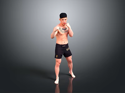 Shirtless Man In Black Cap With TRUTH Chest Tattoo And Black Shorts Standing Barefoot 3d model