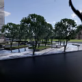 Modern Plaza Landscape with Glass Building Trees Geometric Pavement Umbrella Seating and Pedestrians