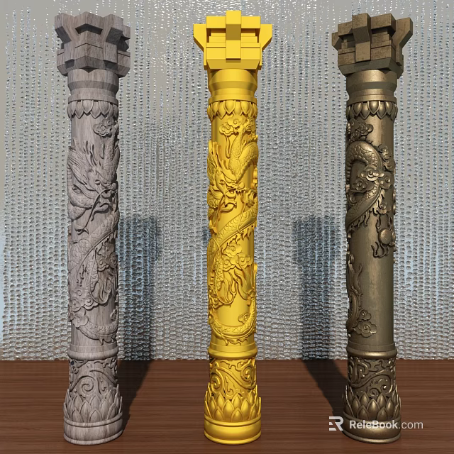 Decorative Columns With Gray Yellow And Gold Dragon Carvings For Interior Design 3d model 