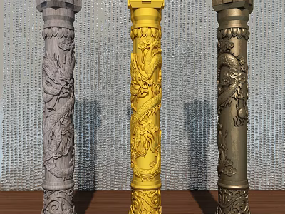 Decorative Columns With Gray Yellow And Gold Dragon Carvings For Interior Design 3d model